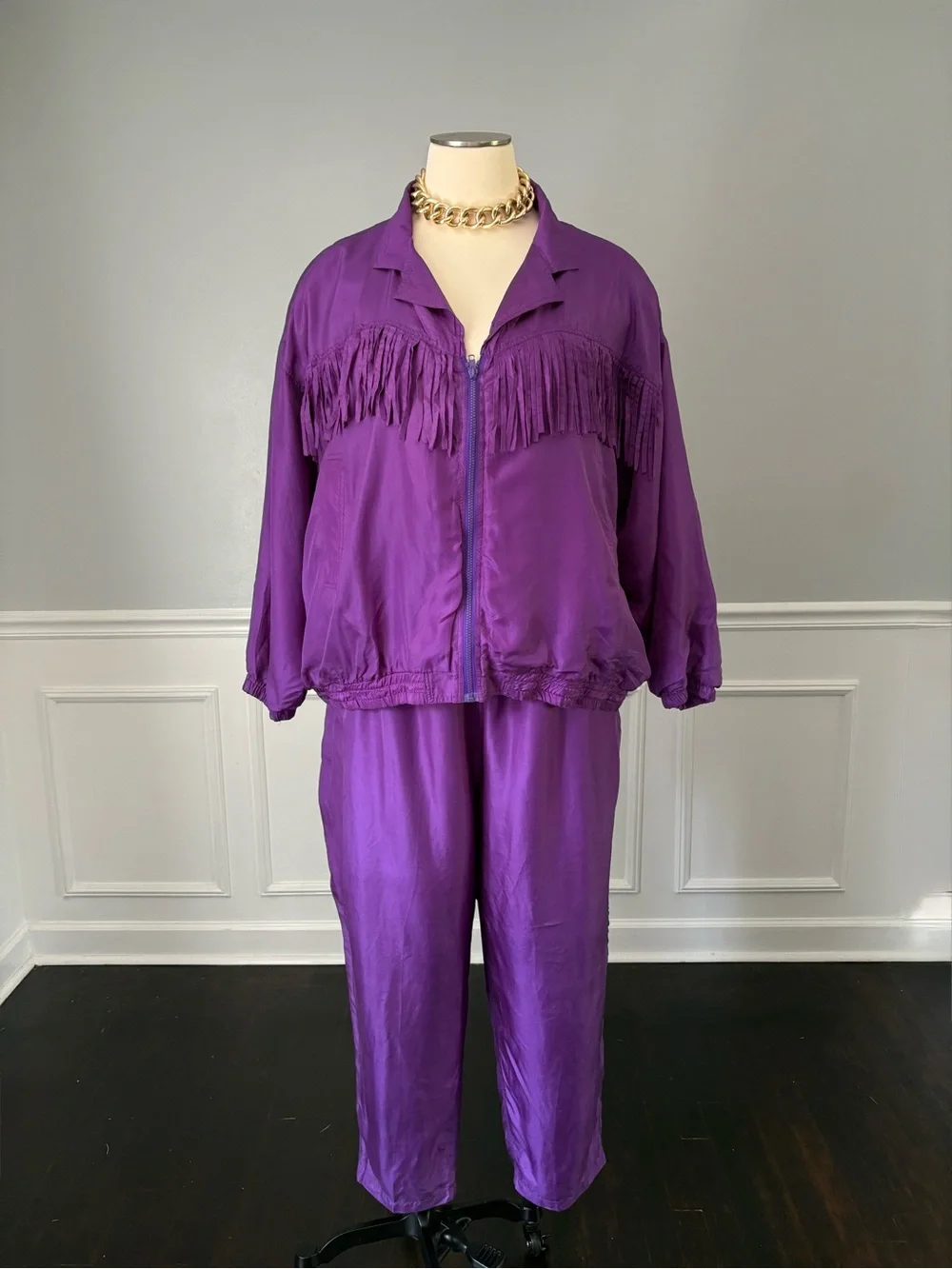VTG Kathy White 100% Silk Fringe Tracksuit Set Purple Plus Size 4X NWT 1995